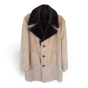 Vintage 1970s Camel Wool Overcoat Faux Shearling Lined Ranch Coat Size 42